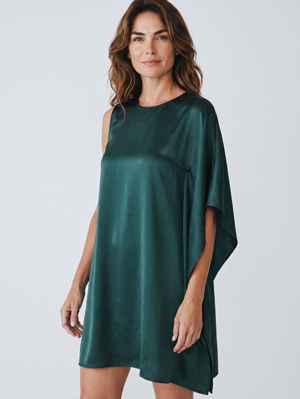 French Connection Emerald One-Shoulder Satin Shift Dress size 4 New